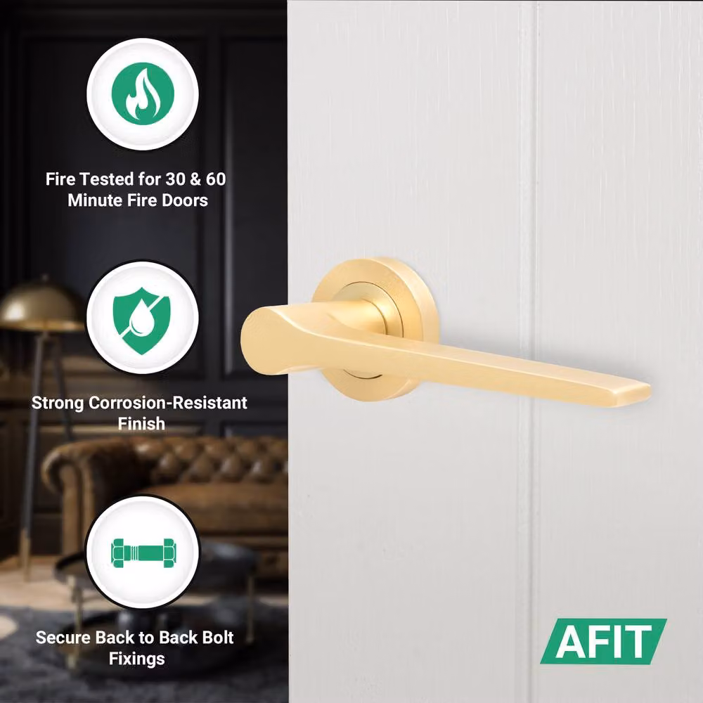 AFIT Brass Fire Door Handle Latch Set in Satin Brass and Gold, W/D/H: 15 x 15 cm – 2