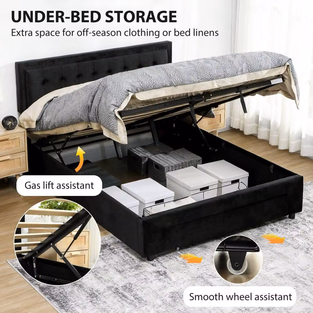 Wyld Haus Banado King Ottoman Bed Frame in Black Velvet with Gas Lift Storage and Front Divan Drawers, H: 104 cm x W: 180 cm x D: 203.5 cm – 5