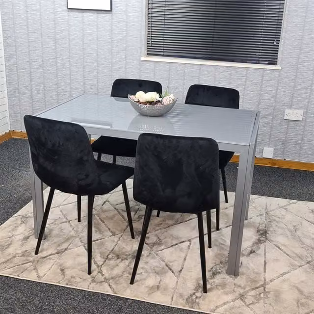KOSY KOALA Modern Grey Glass Rectangular Dining Table with 4 Black Velvet Chairs and Brown Metal Legs – 1