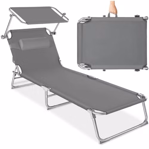 tectake Folding Sun Lounger in Grey with Sun Canopy and Adjustable Headrest, W/D/H: 190 x 68 x 111 cm – 1