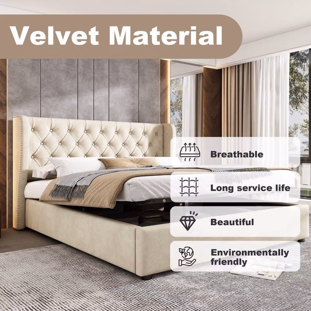 BTM Beige Velvet Upholstered Bed with Hydraulic Storage, W: 135 cm, D: 190 cm, H: 300 cm – 2