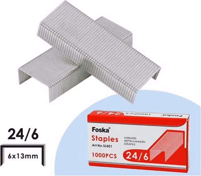 Foska 24/6 Steel Staples, Pack of 1000, Multicolour