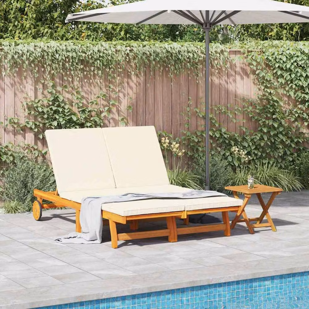 Berkfield Home Double Sun Lounger with Wheels and Weatherproof Cushion in Brown Solid Acacia Wood – 2