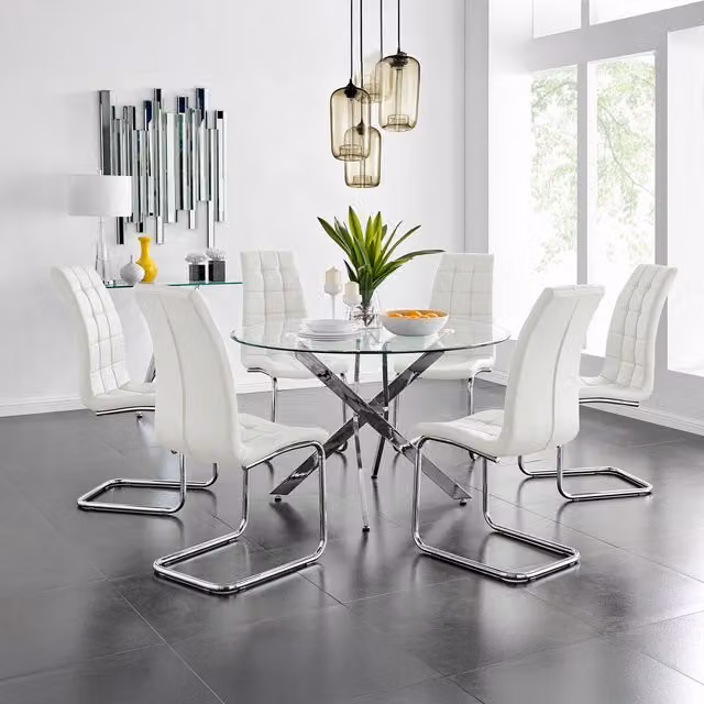 FurnitureboxUK Novara Round Glass Dining Table and 6 Murano Chairs Set in White with Chrome Metal Frame, Diameter: 120 cm