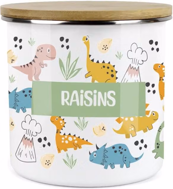 Purely Home Cartoon Dinosaurs Childrens Mini Snack Pot with Raisins, Green and Multicolour Enamel Metal