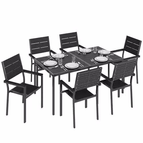 Outsunny 7 Piece Outdoor Dining Set with Rectangular Table and Chairs in Black – 1