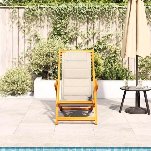 Berkfield Home Beautiful Folding Beach Chair with Armrests and Adjustable Headrest in Beige Acacia Wood