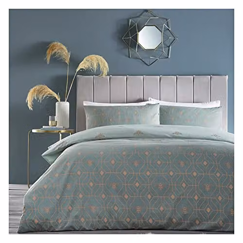 Riva Home Bee Deco Reversible Duvet Cover and Pillowcase Set in Green, W/D/H: 200 x 200 cm, Pillowcase: 50 x 75 cm