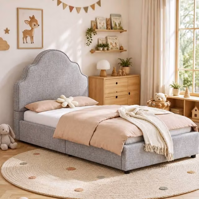 BTM Scalloped Princess Upholstered Single Bed in Light Grey, W/D/H: 90 x 190 cm – 1