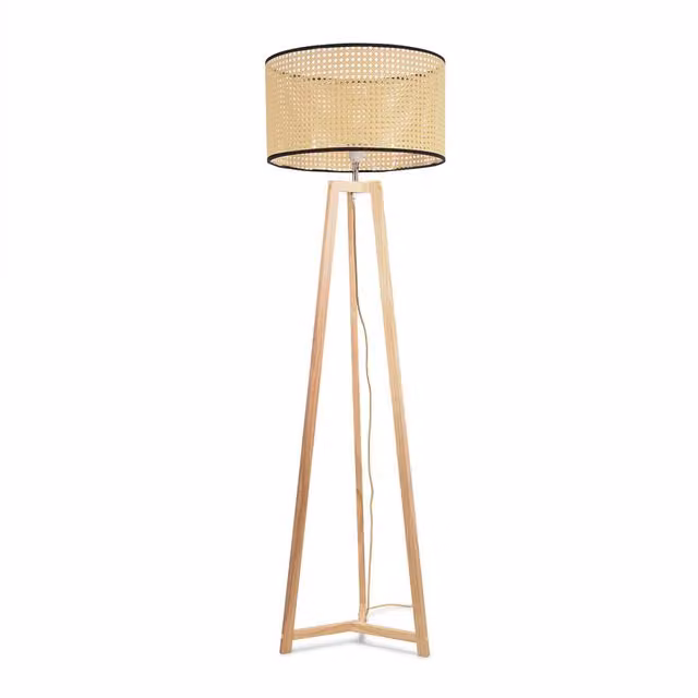 Lottie Natural Wood Tripod Floor Lamp with Cane Rattan Shade in Yellow and Beige