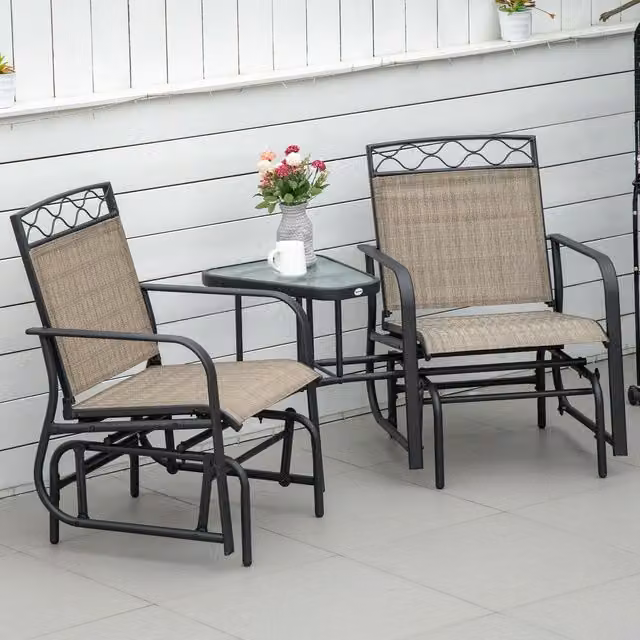 Outsunny Double Outdoor Glider Chair, 2 Seater Brown Fabric and Metal Patio Rocking Chairs with Armrests and Side Tray