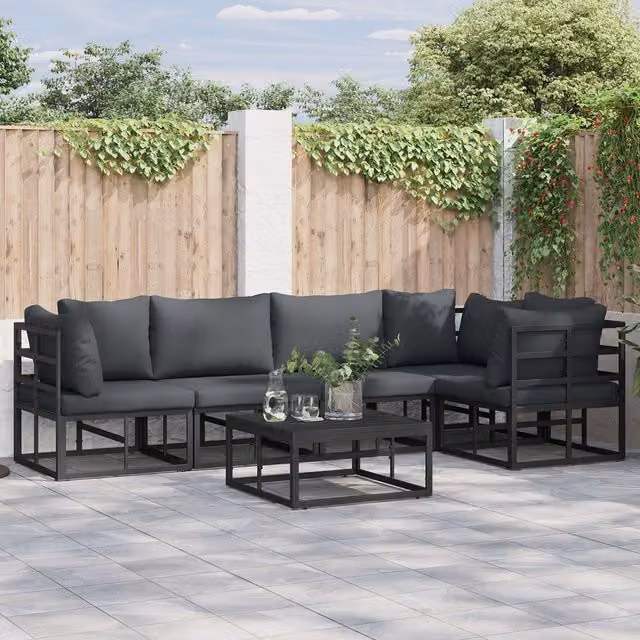 Berkfield Home 5 Piece L-Shape Garden Sofa Set with Grey Upholstered Cushions and Black Powder Coated Aluminium Frame
