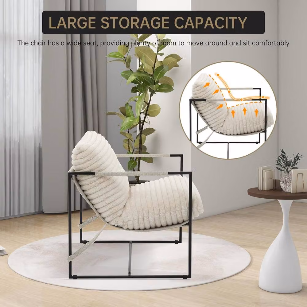 London Boutique Modern Off-White Bouclé Fabric Accent Chair with Metal Frame – 4