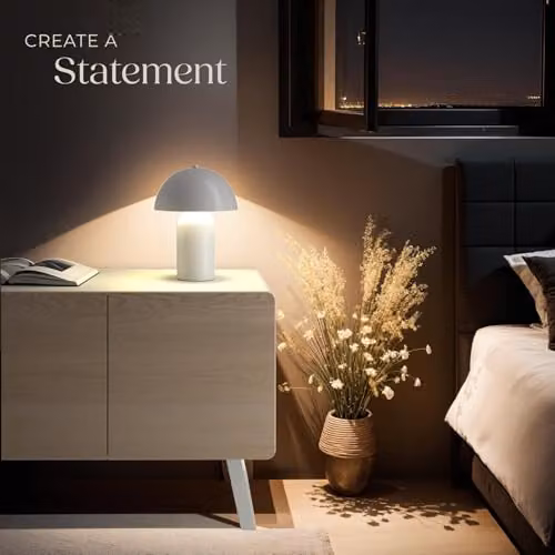 tectake Mushroom Table Lamp in White Coated Steel, Rechargeable Cordless Portable Touch Light with 3-Step Dimming Function – 6