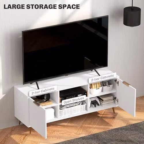 HOMCOM Modern White Fluted TV Stand for TVs up to 55 Inch with Geometric Storage Cabinets – 4
