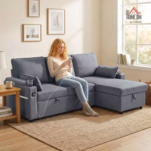 HOMCOM L-Shaped 3 Seater Corner Sofa Bed in Grey with Reversible Storage Chaise and USB Charging – 2