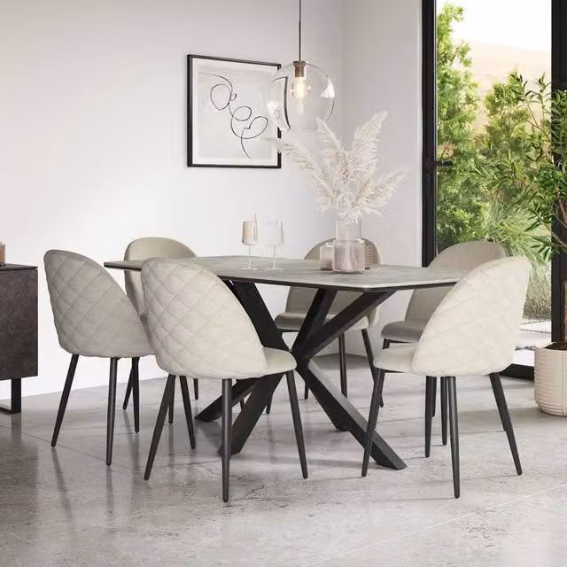 More4Homes Juno Light Grey Ceramic Rectangular Dining Table and 6 Raye Beige Velvet Chairs – 1