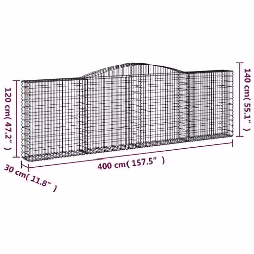 vidaXL 20-piece Arched Gabion Baskets in Silver Galvanised Steel, W/D/H: 400 x 30 x 120/140 cm