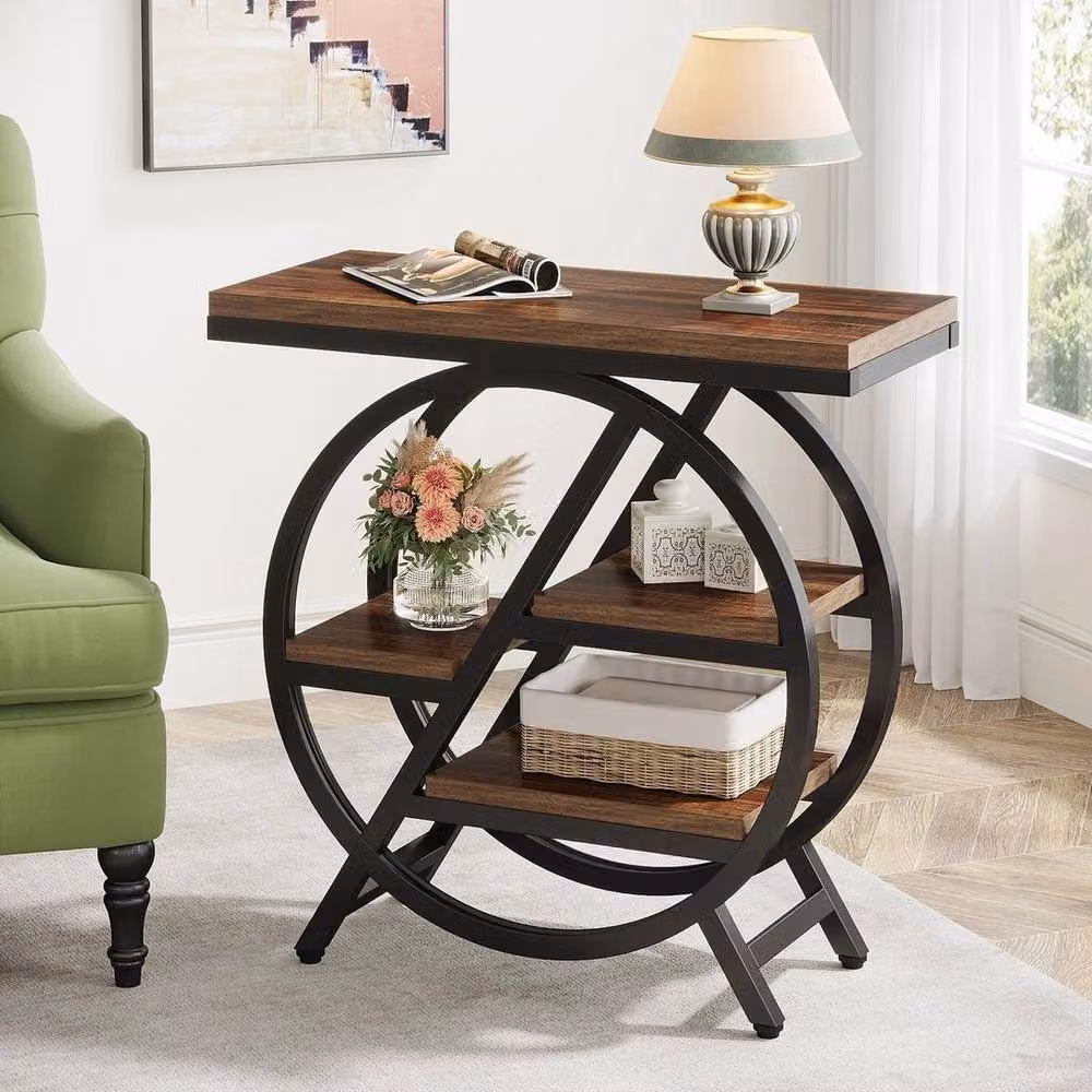 EONLION Industrial Wooden Narrow Sofa Side Table with Storage in Brown, H 66.5 x W 65.0 cm – 3