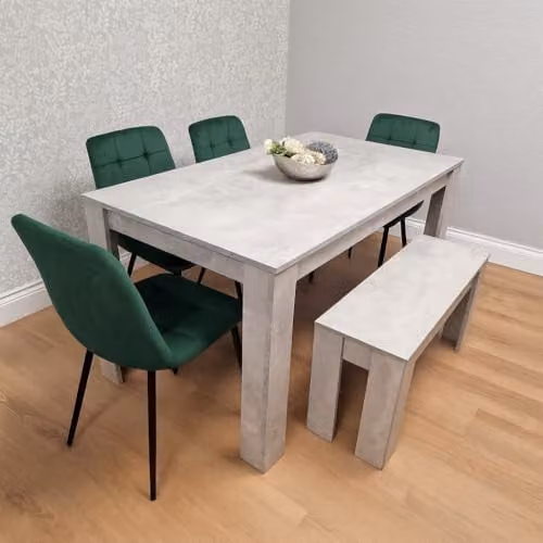 KOSY KOALA Modern 6 Seater Dining Set with Stone Grey Table, 4 Green Velvet Chairs and 1 Bench, W/D/H: 140 x 80 x 75 cm