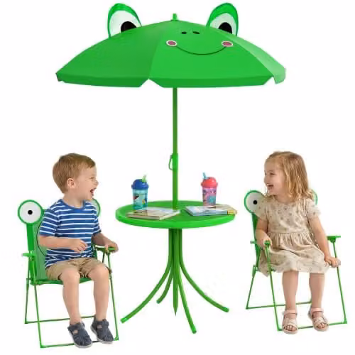 Outsunny Kids Outdoor Bistro Table and Chair Set with Adjustable Parasol in Green and Multicolour