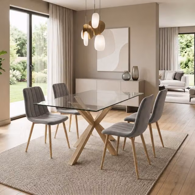 Kosy Koala 4 Seater Glass Dining Set with 4 Grey Chairs and Transparent Rectangular Table – 1