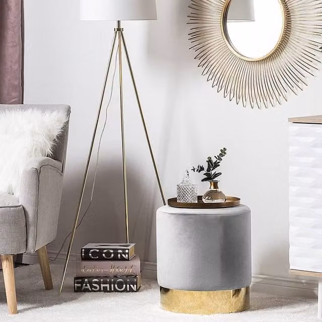Wyld and Coco Grey Velvet Round Footstool with Gold Metal Base