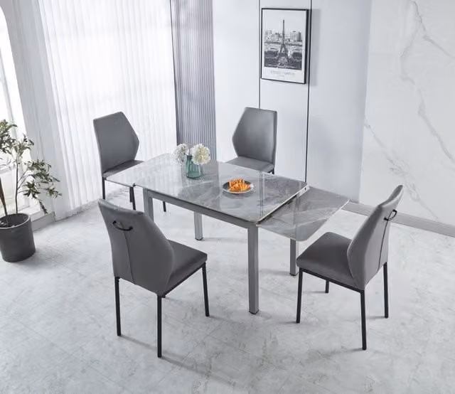 Modernique Extendable Sintered Stone Top Dining Table and 4 Faux Leather Chairs Set in Grey and Black