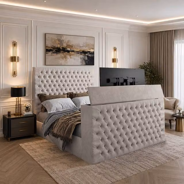 KDMD Angram Upholstered Soft Velvet TV Bed Frame in Light Sand, Size: Super King, W/D/H: 200 x 152 x 189 cm – 1