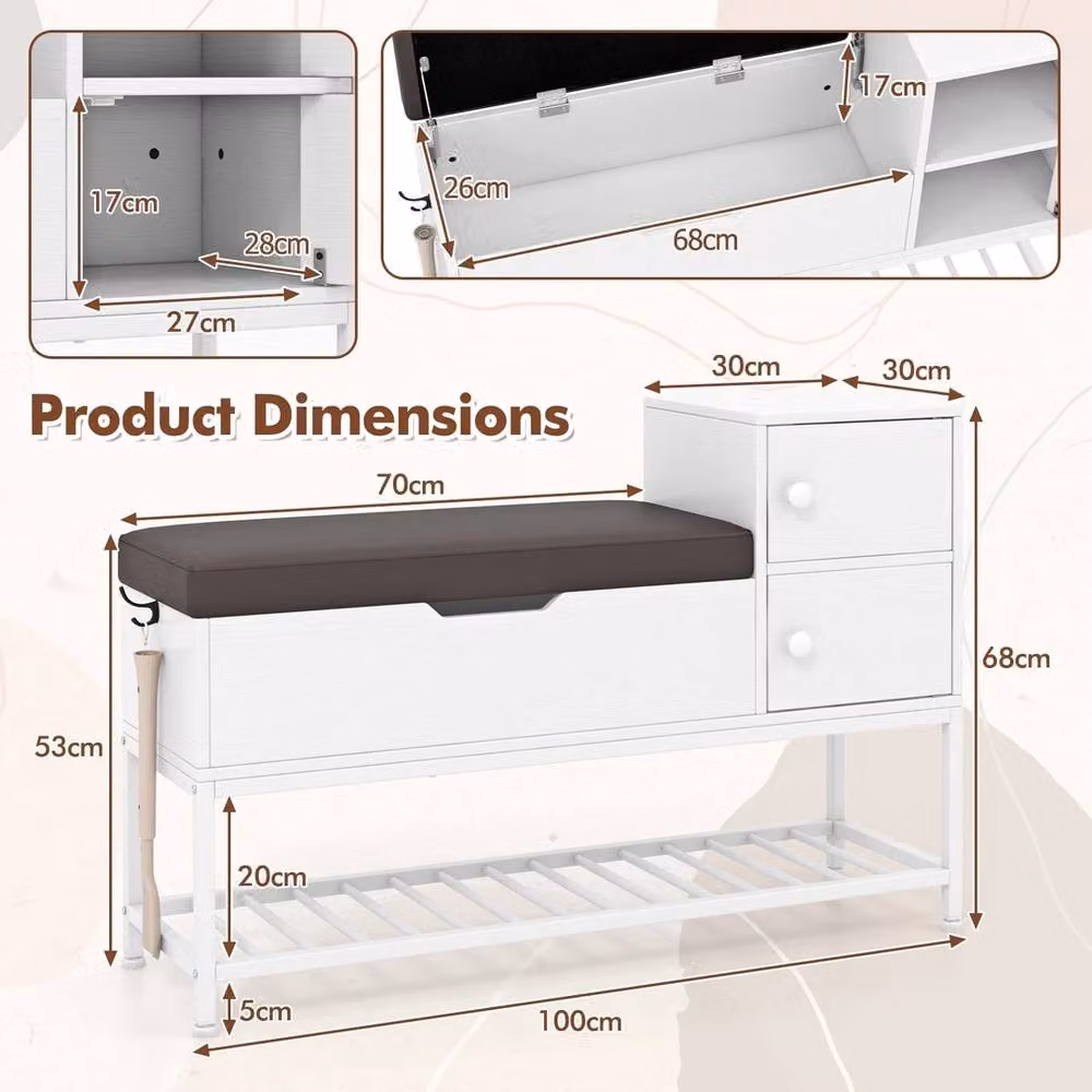 VOGREX White Flip Top Shoe Storage Bench Rack with Synthetic Leather Seat – 2