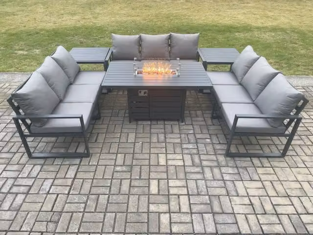 Fimous 9 Seater Aluminium Garden Furniture Set with Gas Fire Pit Dining Table and 2 Side Tables in Dark Grey