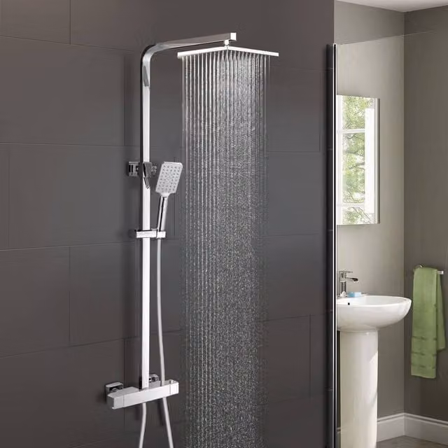 Nes Home Chrome Shower Head with Square Thermostatic Bar Valve and Riser Rail Kit in Silver – 1
