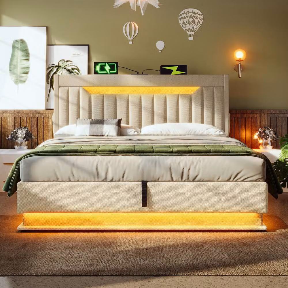 STILVORA Super King Upholstered Bed with LED Lighting, Storage and USB Charging Port in Beige, W: 180 cm, D: 200 cm, H: 111 cm – 2