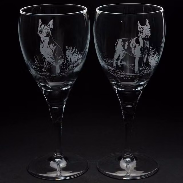 Glyptic Glass Art Boston Terrier Wine Glass in Transparent Glass