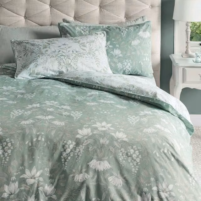 Laura Ashley Parterre Reversible Floral Cotton Mako Satin Duvet Cover and Pillowcase Set in Sage Green