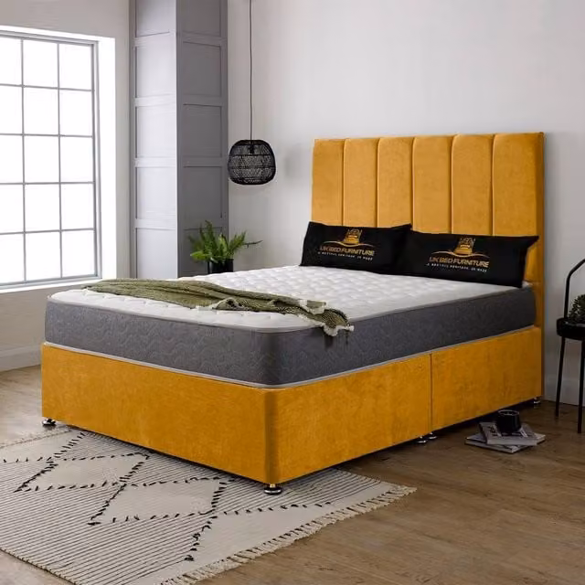 UK Bed Furniture Savannah Double Divan Bed with 2 Drawers on Same Side and 26 Inch Headboard in Mustard Yellow Velvet