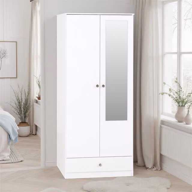 Seconique Denver 2 Door 1 Drawer Mirrored Wardrobe in White Gloss