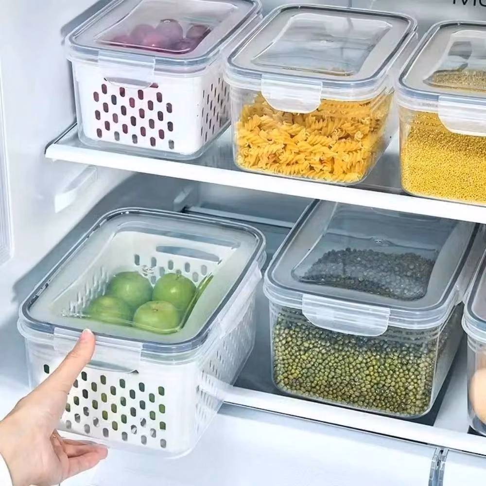 FORGEVIO 3-Piece Plastic Fruit Storage Container Set with Snap Lids in Grey, Blue and White – 3