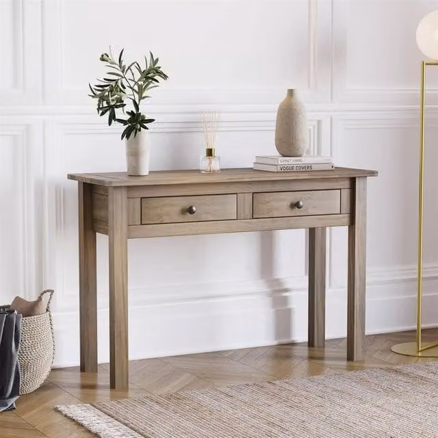 FORGEVIO 2 Drawer Solid Wood Pine Console Table with Shelf, Light Brown, W/D/H: 110 x 30 x 72 cm