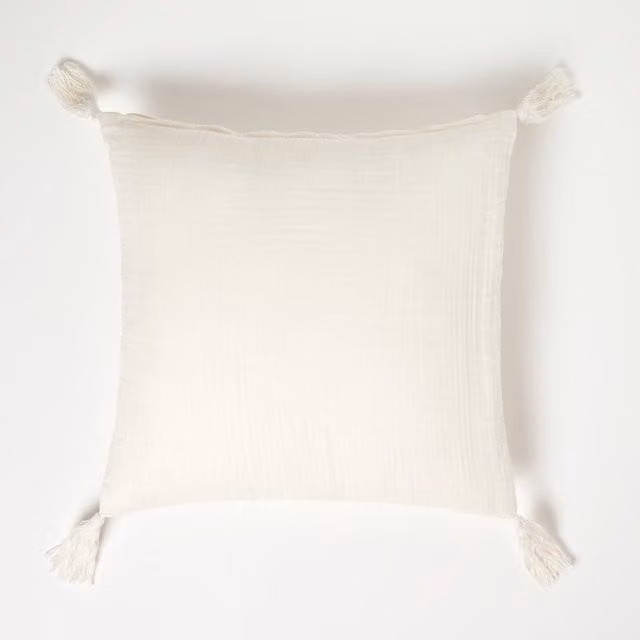 Homescapes Pure Handmade Cotton Muslin Cushion with Removable Cover, White, W/D/H: 45 x 45 x 45 cm