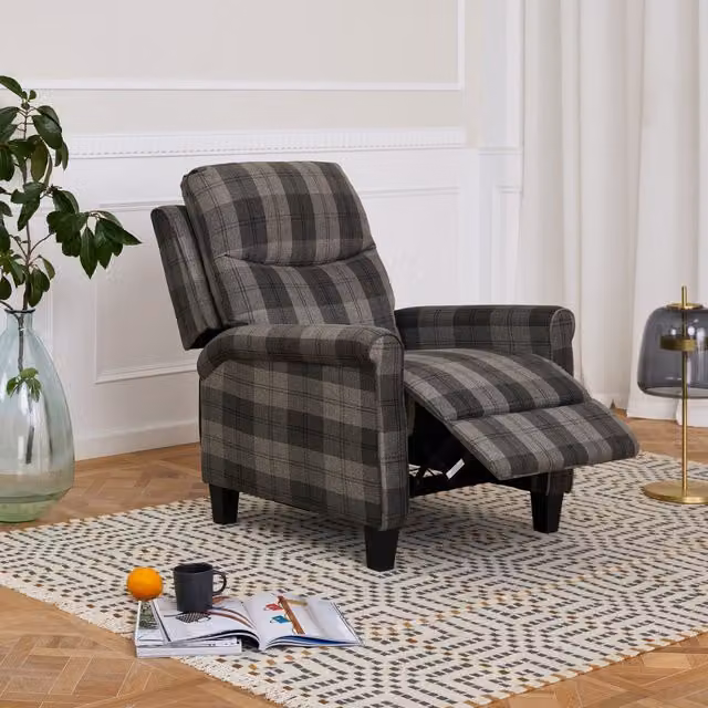 Julian High Back Recliner Armchair in Grey Tartan Fabric