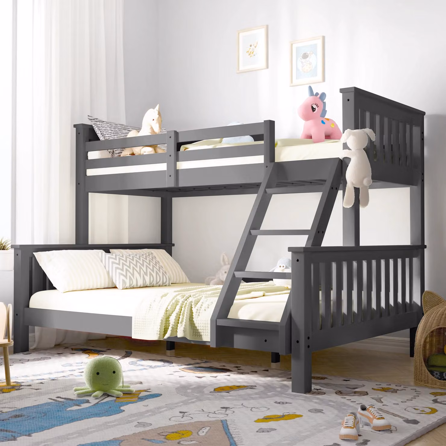 DHS Triple Bunk Bed in Dark Grey Solid Pine Wood for Kids and Adults