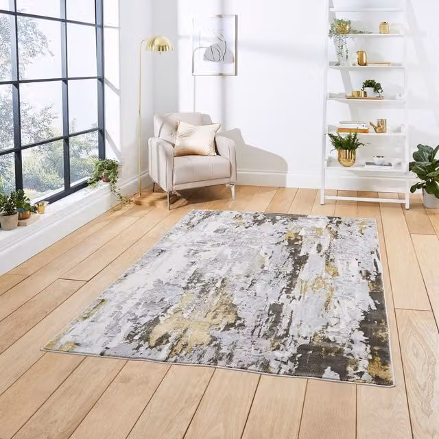 Terrys Modern Abstract Machine Woven Yarn Rug in Grey and Gold, W: 200 cm, D: 290 cm