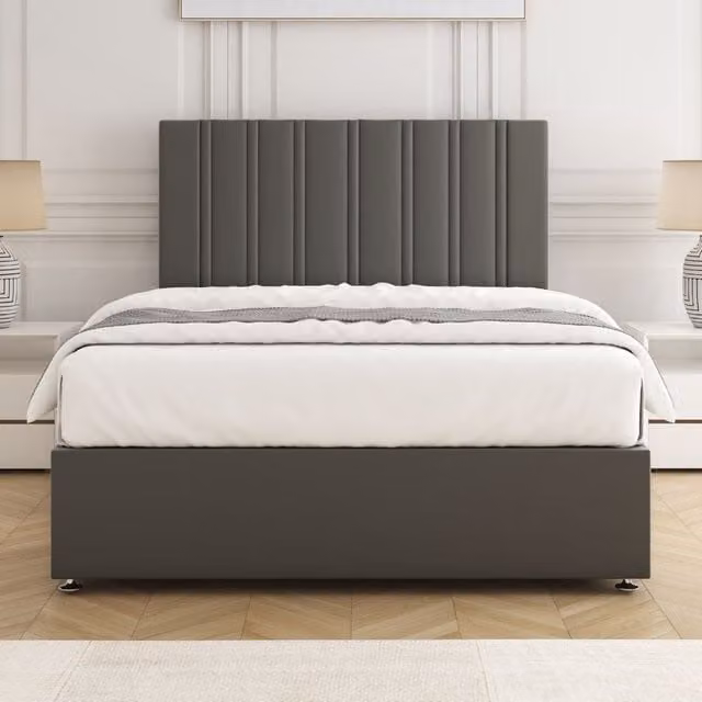 BSSPOKE Sienna Plush Velvet Divan Bed Set with 24 inch Headboard and Mattress in Grey, King Size, W/D/H: 180 x 200 cm