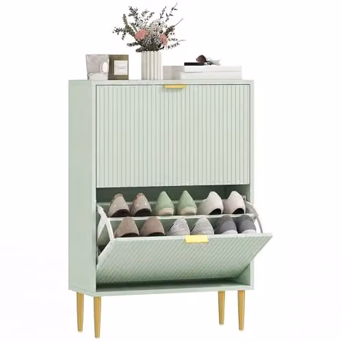 HOMCOM Modern Slim Shoe Storage Cabinet in Green with 2 Tilting Compartments and Gold Accents, H 91.5 x W 60 x D 24 cm – 1