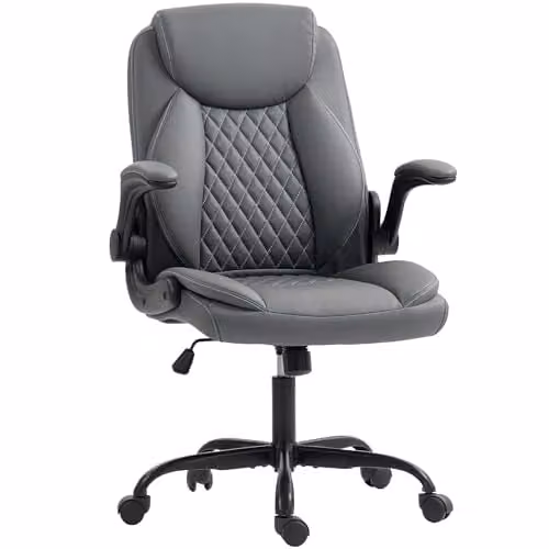 HOMCOM Modern Anthracite Grey Synthetic Leather Swivel Task Chair with Headrest and Armrests