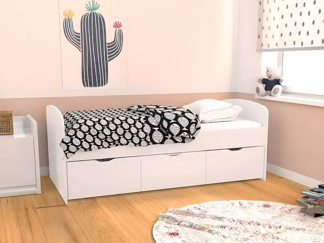 Vente-unique LOUANE Single Bed with 2 Drawers and 1 Storage Box, White, W/D/H: 90 x 190 cm