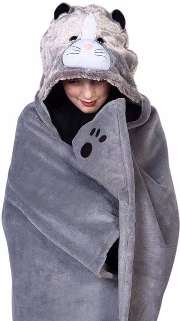 Noxxiez Grey Fleece Animal Hooded Blanket for Children