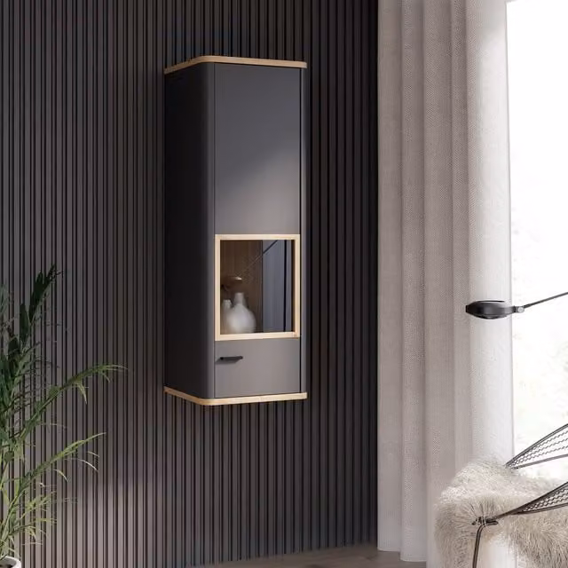 Furniture To Go Klara Tall Narrow Display Cabinet in Grey with Glass Doors and Soft Close Mechanism