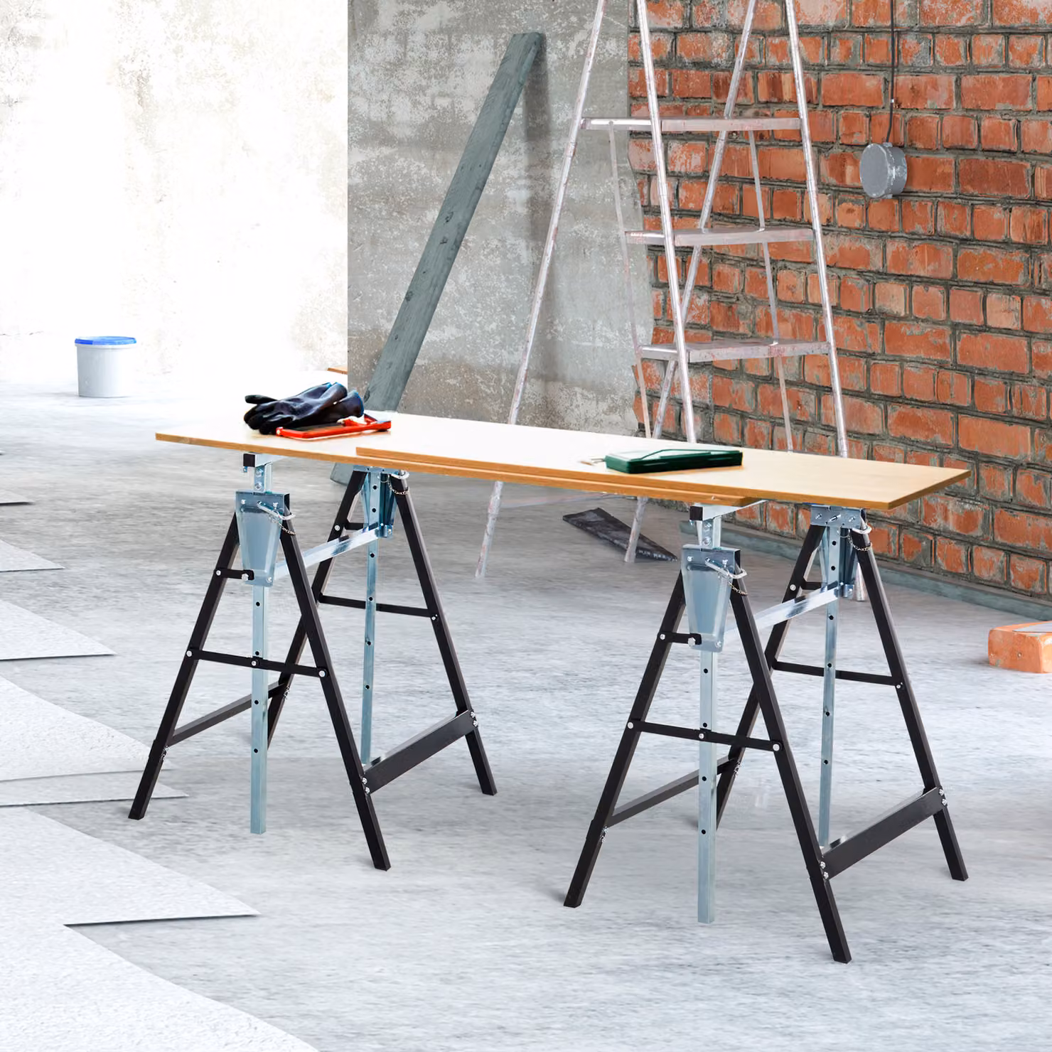 HOMCOM Set of 2 Adjustable Telescopic Steel Builders Trestles in Black – 5